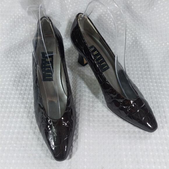 AMALFI! BROWN CROCODILE IMPRINT PATENT LEATHER NIP TOE HEELS, PUMPS! SZ 7AA - Picture 2 of 10